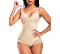 PASUDA Body Moldeador Mujer Faja Reductora de Encaje Body Shapewear de Control de Abdomen Escote V Bodysuit Moldeador Reductor Colombianas Posparto Invisible Shapewear (Beige, S)