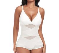 PASUDA Body Moldeador Mujer Faja Reductoras Shapewear Invisible Moldeadora Control de Abdomen Escote V Body Reductor Bodysuit Corsé Posparto Shapewear con Almohadillas Extraíbles (Blanco, XL)
