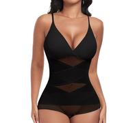 PASUDA Body Moldeador Mujer Faja Reductoras Shapewear Invisible Moldeadora Control de Abdomen Escote V Body Reductor Bodysuit Corsé Posparto Shapewear con Almohadillas Extraíbles (Negro, L)