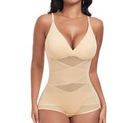 PASUDA Body Moldeador Mujer Faja Reductoras Shapewear Invisible Moldeadora Control de Abdomen Escote V Body Reductor Bodysuit Corsé Posparto Shapewear con Almohadillas Extraíbles (Piel, XXL)