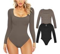 PASUDA Body Mujer Manga Larga Sexy Cuello en U Bodies Leotardo Elástico Mono Casual Bodysuit Jumpsuit Cálida Tops (Negro+Gris, S)