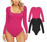 PASUDA Body Mujer Manga Larga Sexy Cuello en U Bodies Leotardo Elástico Mono Casual Bodysuit Jumpsuit Cálida Tops (Negro+Rosa, S)