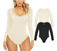 PASUDA Body Mujer Manga Larga Sexy Cuello en U Bodies Leotardo Elástico Mono Casual Bodysuit Jumpsuit Cálida Tops (Negro+Blanco, S)