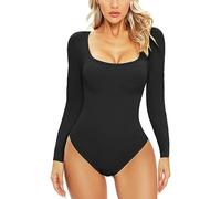 PASUDA Body Mujer Manga Larga Sexy Cuello en U Bodies Leotardo Elástico Mono Casual Bodysuit Jumpsuit Cálida Tops (Negro, L)