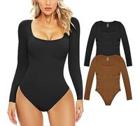 PASUDA Body Mujer Manga Larga Sexy Cuello en U Bodies Leotardo Elástico Mono Casual Bodysuit Jumpsuit Cálida Tops (Negro+Marrón, L)