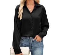 PASUDA Camisas Mujer Elegantes Blusas Manga Larga Raso Camiseta Otoño Informal Botón Camisa Moda Cuello en V Túnica Tops Casual Fiesta Empresa Trabajo Blusa(Negro,XL)