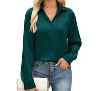 PASUDA Camisas Mujer Elegantes Blusas Manga Larga Raso Camiseta Otoño Informal Botón Camisa Moda Cuello en V Túnica Tops Casual Fiesta Empresa Trabajo Blusa(Verde Oscuro,XL)