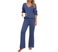 PASUDA Conjunto Punto Mujer 2 Piezas Invierno Otoño Pijama Largo Color Sólido Deportivo Vestir Dos Piezas de Salón Chandal Cuello en V y Pantalones Suelto (Azul, M)
