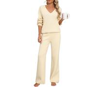 PASUDA Conjunto Punto Mujer 2 Piezas Invierno Otoño Pijama Largo Color Sólido Deportivo Vestir Dos Piezas de Salón Chandal Cuello en V y Pantalones Suelto (Beige, S)