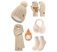 PASUDA Gorro Bufanda Guantes Orejeros y Medias Invierno Set para Mujer Térmico Larga Bufanda de Punto Gorro de Felpa Orejeros Guantes de Pantalla Táctil 5 Piezas Conjunto (Caqui, One Size)