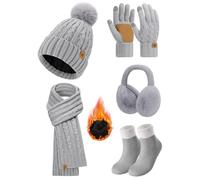 PASUDA Gorro Bufanda Guantes Orejeros y Medias Invierno Set para Mujer Térmico Larga Bufanda de Punto Gorro de Felpa Orejeros Guantes de Pantalla Táctil 5 Piezas Conjunto (Gris Claro, One Size)