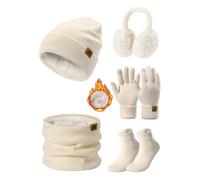 PASUDA Invierno Gorro Bufanda y Guantes Set 5 Piezas para Mujer Térmicos Gorro de Punto Calentador de Cuello Guantes de Pantalla Táctil Orejeros de Felpa Calcetines Regalos Conjunto (Beige, One Size)