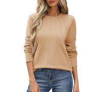 PASUDA Jersey Mujer Fino Suéter Punto de Manga Larga Tops Cuello Redondo Camiseta Elegante Ligero Pullover Suaves Elasticidad Jerséis Mujer Invierno Otoño (Caqui, XL)