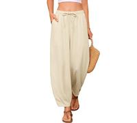 PASUDA Pantalones Mujer Verano 7/8 Largos Pantalón Cintura Alta Elástico Casual Pantalon Cómodos Frescos Pantalones Ligero Flojo Playa Pantalón con Bolsillos y Cordón(Albaricoque,XXL)