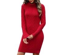 PASUDA Vestido Invierno Mujer Vestidos de Punto Elegante Manga Larga Cuello Alto Elástico Vestido de Suéter Jersey Color Liso Ajustado Dress Midi de Otoño Invierno (Rojo, L)