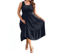 PASUDA Vestidos Verano Mujer Sin Mangas Tallas Grandes Vestido Largo Cuello Cuadrado Elástico Cintura Alta Midi Vestido Elegante de Playa Casual Fiesta Invitada Boda XL-4XL (Azul Marino, XXL)
