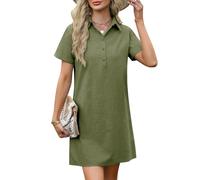 PASUDA Vestidos Verano Mujer Vestido Corto de Manga Corta Algodón Mini Vestido Mujer de Playa Color Puro Rectos Sueltos Casual Elegante Vestido Camisero con Bolsillos (Verde, L)