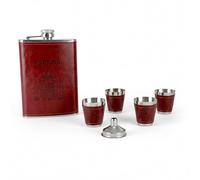 Pataca de 227ml con 4 vasos y embudo de Acero inoxidable y Cuero sintetico marrón Nombre y escudo de España Whisky, Ron, Vodka a Prueba de Fugas, de Bolsillo para Viajar.
