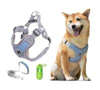 Patas Lague Arnés para perro con correa ajustable, suave, acolchado, reflectante, para perros pequeños y medianos con bolsas para excrementos y dispensador, sólido y sin masticar, azul, talla M