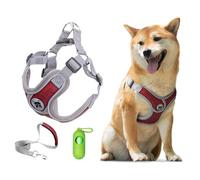 Patas Lague Arnés para perro con correa ajustable, suave, acolchado, reflectante, para perros pequeños y medianos con bolsas para excrementos y dispensador, sólido y sin masticar, rojo, talla M