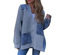 Patchwork Cardigan Sweaters for Women Fall Winter Vintage Chunky Cable Knit Button Down Cardigans with Pockets