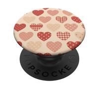 Patchwork Corazón Patrón Rústico Cottage Estética Rojo Beige PopSockets PopGrip Adhesivo