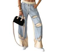 Patchwork Denim Elastic Drawstring Wide-Leg Pants, Distressed Straight Baggy Sweatpants Jeans for Women/ (Blue,L)