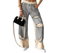 Patchwork Denim Elastic Drawstring Wide-Leg Pants, Distressed Straight Baggy Sweatpants Jeans for Women/ (Gray,M)