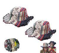 Patchwork Multicolored Mushroom Hemp Hat with Hidden Pocket Fedorahats, Patchwork Mushroom Hats Blend Vintage Fabrics, Handmade Patchwork Stripe Bucket Hat Sunhat Women Menfor Holiday Beach (2PCS)