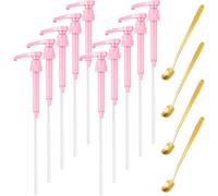 Patelai 14 bombas de jarabe de café para botellas de 750 ml/25.4 onzas, agitadores de café reutilizables cuadrados, incluye 10 dispensadores de bomba de jarabe de café rosa y 4 cucharaditas heladas