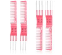Patelai 4 Pcs Carbon Lift Teasing Comb with Metal Prong Lift Teasing Comb and Hair Pick Salon Teasing Lifting Fluffing Comb with 5 Stainless Steel Pins for Women Hair (Pink,Stylish Style)