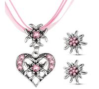 Patelai Set de 3 Joyas Bávaras Tradicionales Collar de Traje Tradicional con Colgante de Corazón de Edelweiss de Diamantes de Imitación y Aretes de Edelweiss para Mujeres Festival de Cerveza (Rosa)