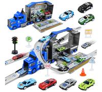 PATEMZON Camiones Juguete para Niños, Camión de Transporte de Pistas, Eyección Pista de Carreras Camión Juguete con 8 Coches, Portátil de Carreras, Regalo para Niños de 3 4 5 6+ Años (Policía)