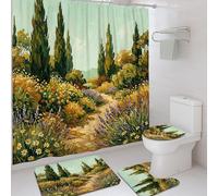 Pathway - Juego de cortinas de ducha, diseño de flores de ciprés rústicas naturales, color verde primavera, cortina de ducha y tapete de baño, para decoración de apartamentos, 72 x 72 pulgadas