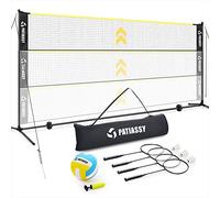 Patiassy Juego de red portátil de voleibol y bádminton de 17 pies, red deportiva de altura ajustable para interiores y exteriores con postes, 4 raquetas de bádminton, 3 volantes y 1 voleibol para