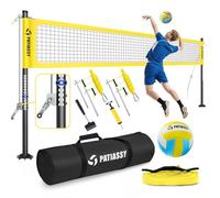 Patiassy Juego de voleibol portátil profesional para patios, playa, al aire libre, red de voleibol y sistema de juego de pelota con sistema de cabrestante para red antihundimiento + postes ajustables,