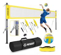 Patiassy Juego de voleibol portátil profesional para patios, playa, al aire libre, red de voleibol y sistema de juego de pelota con sistema de cabrestante para red antihundimiento + postes ajustables,