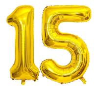 PatiCool Globos con números 15 dorados, 100 cm - 40 pulgadas, globos gigantes para cumpleaños, XXL, decoración de cumpleaños, globos de helio con números 15 para niños, niñas
