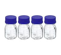 PATIKIL 100mL Reactivo Medios Botella, 4uds Redondo Graduado Vidrio Almacenamiento Botella Azul Roscada Tapa para Laboratorio Hogar, Transparente