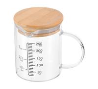 PATIKIL 250 ml Taza de Medición de Vidrio Taza de Medida de Líquidos con Escala Impresa en Negro de Vidrio Borosilicato 3.3 con Tapa de Madera y Pico en Forma de V para Cocina