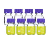 PATIKIL 8pcs Reactivo Medio Almacenamiento Botella 100ml Borosilicato Vidrio Graduado Redondas Botellas con GL45 Azul Tornillo Tapa para Laboratorio Agua Reactivo Líquidos Claro
