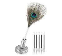PATIKIL Bolígrafos de Pluma de Pavo Real a Granel, Soporte de Metal, Tinta Negra, Plumas Vintage con 5 Recambios para Oficina, Firmas de Bodas, Plateado