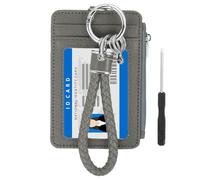 PATIKIL Cartera delgada de piel sintética de 4.7 x 3.2 x 0.2 pulgadas, 1 juego de bolsillo frontal pequeño para tarjetas de crédito con cremallera y ventana de identificación y llavero trenzado para