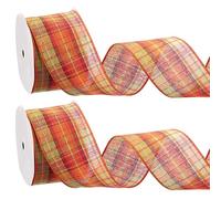 PATIKIL Cintas con Borde con Cable de Otoño 2-1/2" x 10', 2 Rollos de Cinta de Arpillera a Cuadros de Otoño para Fiesta de Acción de Gracias, Manualidades DIY, Naranja/Blanco/Amarillo