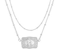 PATIKIL Collar De Hebilla Grabada, 1 Set Collar De Etiqueta Vaquera Con Inicial Occidental Con Cadena De Cuentas, Joyería Occidental, Letra H(Plateado)