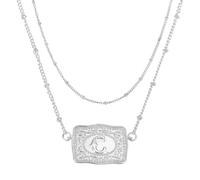 PATIKIL Hebilla De Cinturón Grabada Collar, 1 Set Collar De Etiqueta De Vaca Inicial Occidental Con Cadena De Cuentas Joyería Occidental Para, Letra C(Plateado)