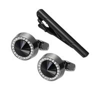 PATIKIL Juego de Gemelos y Clip para Corbata con Cristales, Gemelos Redondos con Rhinestones y Clip para Corbata con Estuche - Regalo para Hombres, Padre, Color Plateado/Negro