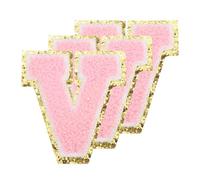 PATIKIL Parches De Letras De Chenilla Para Coser De 3.3 Pulgadas, 3 Paquetes De Parches Autoadhesivos De Chenilla Con Borde Dorado Y Pegatinas Bordadas Para Mochilas, Letra Rosa-V