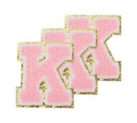 PATIKIL Parches De Letras De Chenilla Para Coser De 3.3 Pulgadas, 3 Paquetes De Parches Autoadhesivos De Chenilla Con Borde Dorado Y Pegatinas Bordadas Para Mochilas, Letra K En Rosa