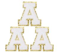 PATIKIL Parches de Letras Termoadhesivas, 3Pcs Parches de Letras de Chenilla con Lentejuelas Bordadas para Reparar Jeans, Ropa, Bolsos, Sombreros, Camisetas, Manualidades, Blanco, Letra A